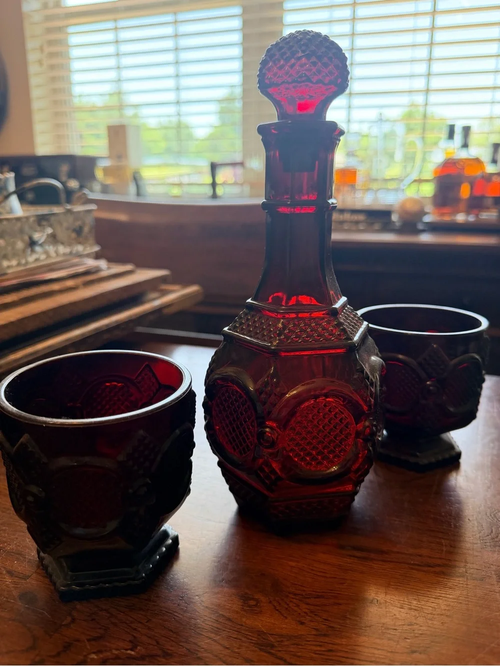 Vintage Avon Ruby Red Cape Cod Decanter and 2 cocktail glasses Set